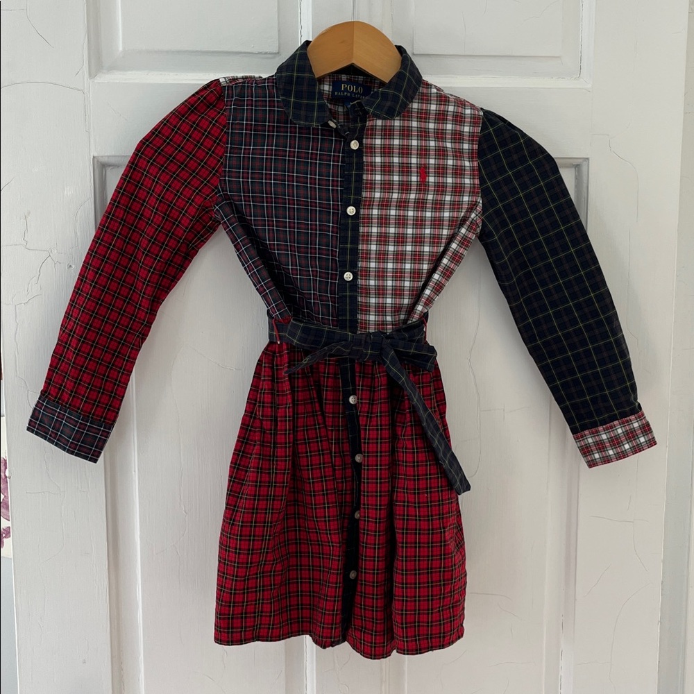 Polo Ralph Lauren Girls 6 Plaid Poplin Shirt Dress Holiday Red Blue
